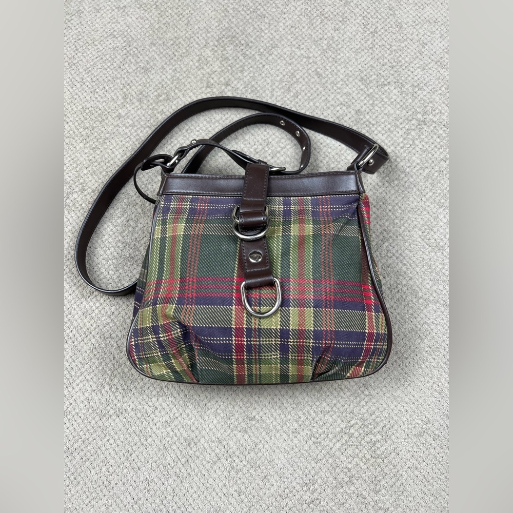 Chaps Milano Plaid Fabric Faux Leather Adjustable Strap Crossbody Shoulder Bag